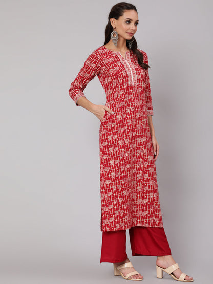 Women Red Geometric Printed Straight Kurta With Three Quarter Sleeves | LASVINI - Redefining Indian Fashion with Elegance