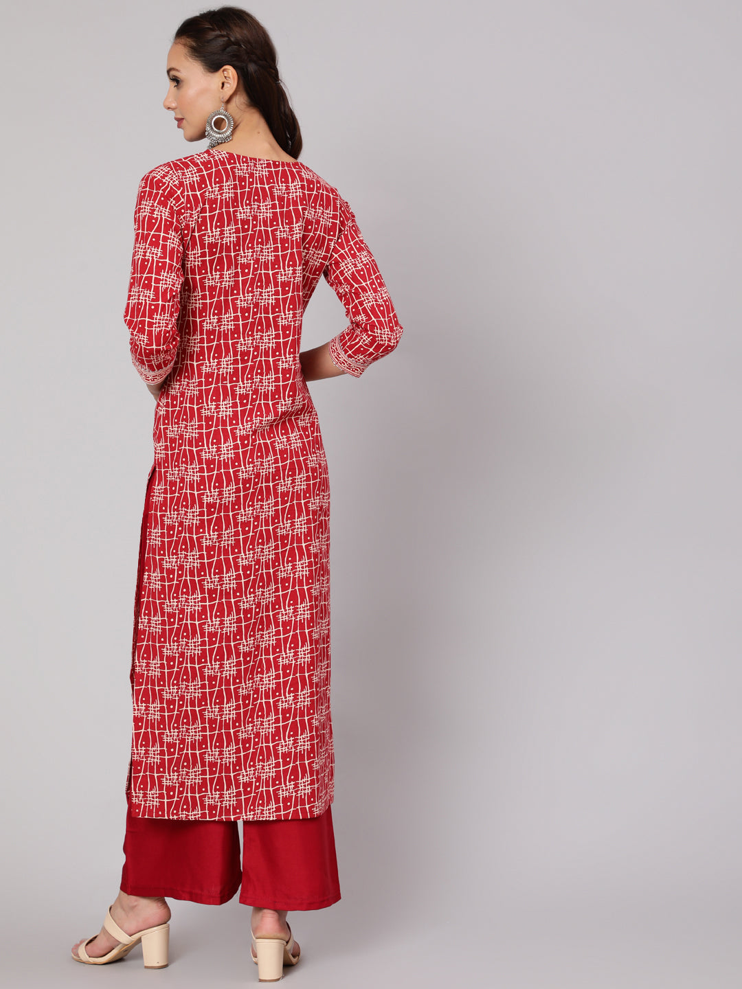 Women Red Geometric Printed Straight Kurta With Three Quarter Sleeves | LASVINI - Redefining Indian Fashion with Elegance