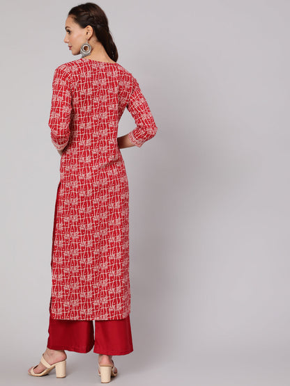 Women Red Geometric Printed Straight Kurta With Three Quarter Sleeves | LASVINI - Redefining Indian Fashion with Elegance
