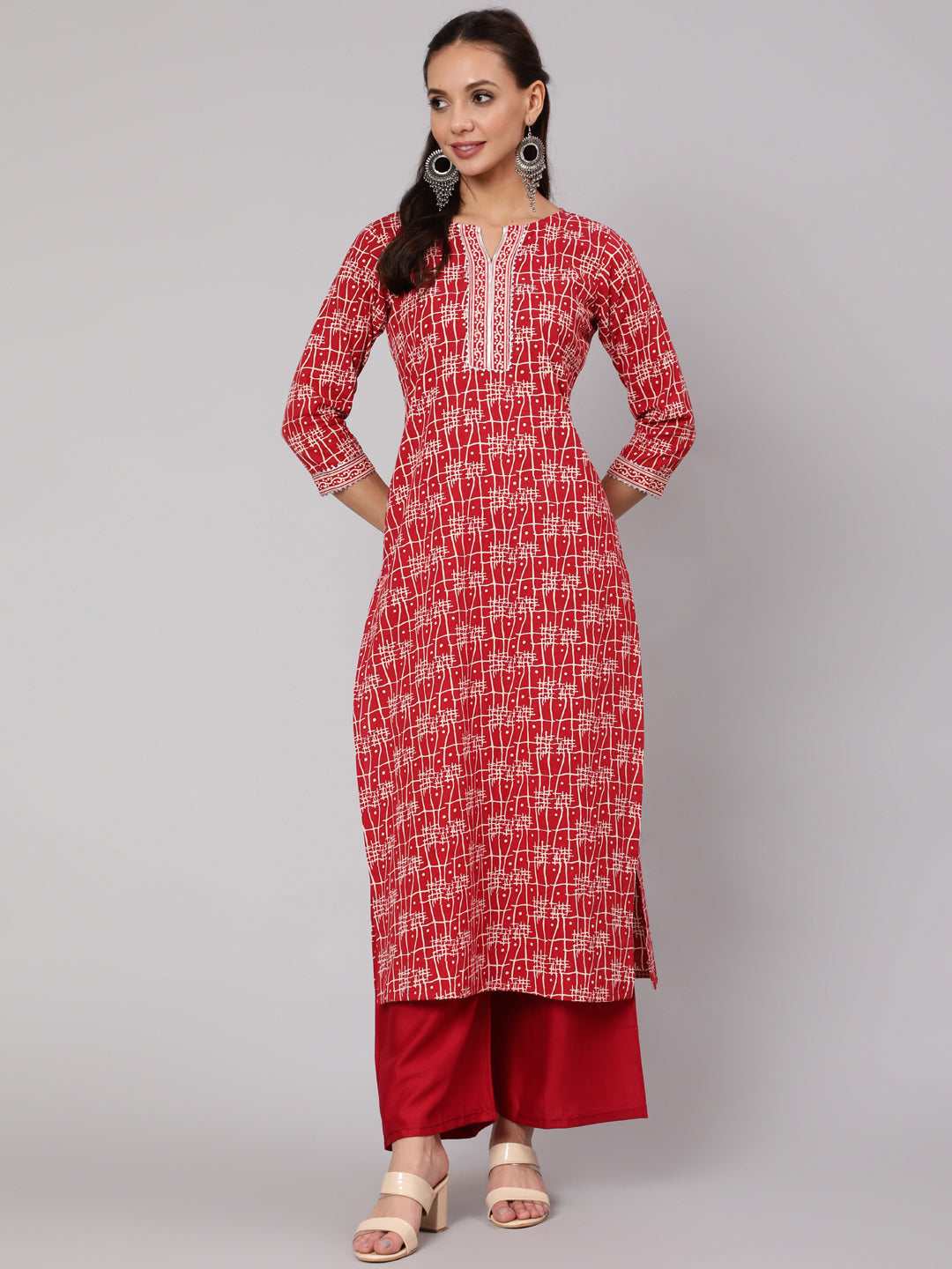 Women Red Geometric Printed Straight Kurta With Three Quarter Sleeves | LASVINI - Redefining Indian Fashion with Elegance