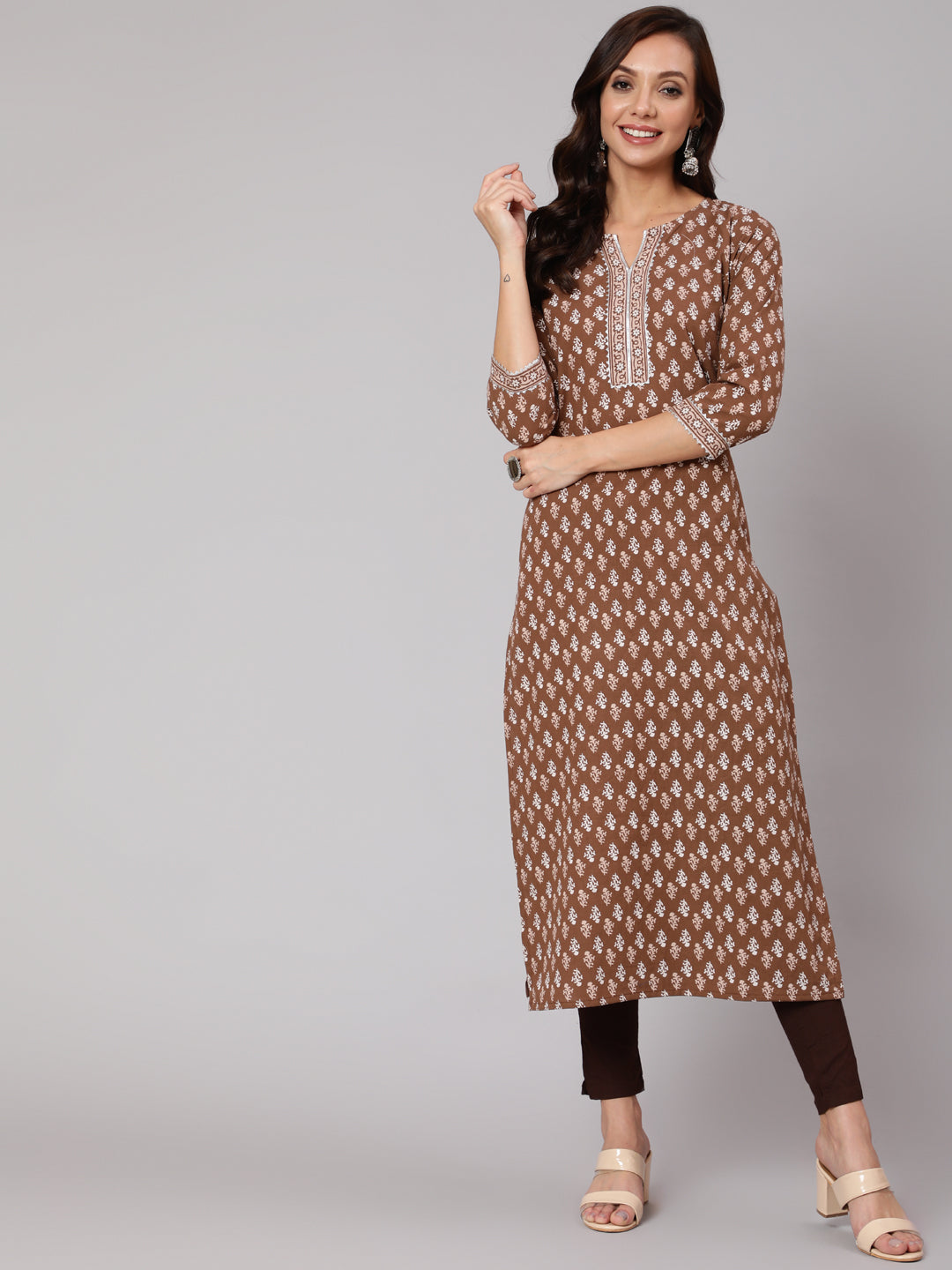 Women Brown Printed Straight Kurta With Three Quarter Sleeves | LASVINI - Redefining Indian Fashion with Elegance