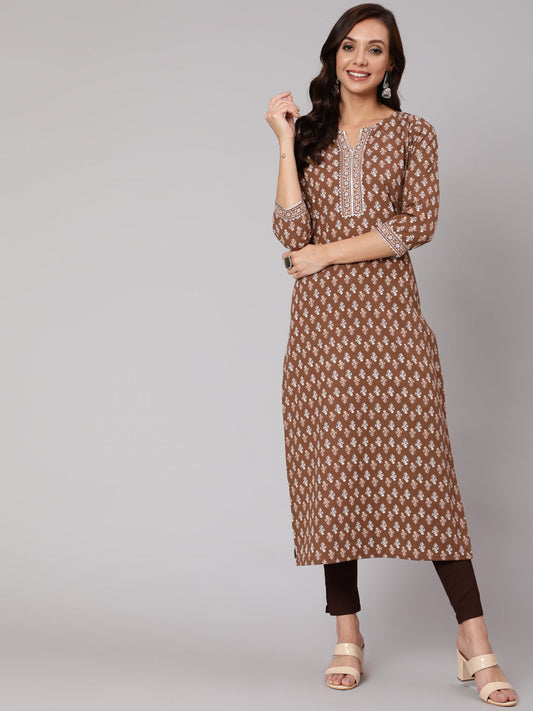 Women Brown Printed Straight Kurta With Three Quarter Sleeves | LASVINI - Redefining Indian Fashion with Elegance