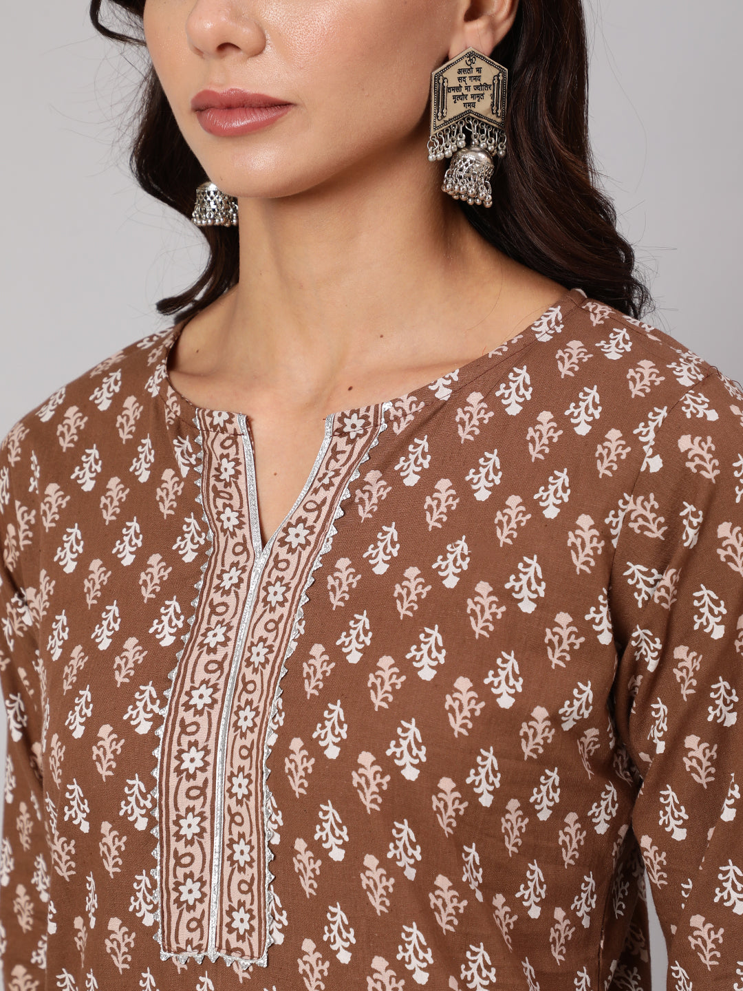 Women Brown Printed Straight Kurta With Three Quarter Sleeves | LASVINI - Redefining Indian Fashion with Elegance