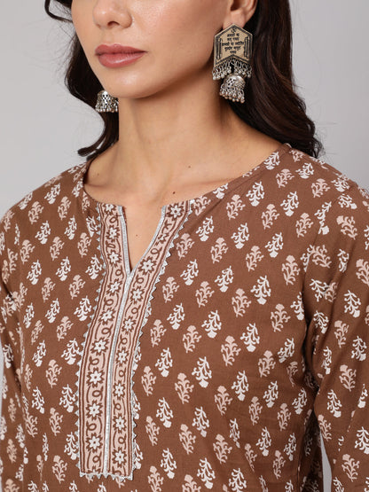 Women Brown Printed Straight Kurta With Three Quarter Sleeves | LASVINI - Redefining Indian Fashion with Elegance