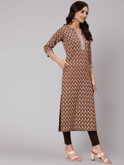 Women Brown Printed Straight Kurta With Three Quarter Sleeves | LASVINI - Redefining Indian Fashion with Elegance