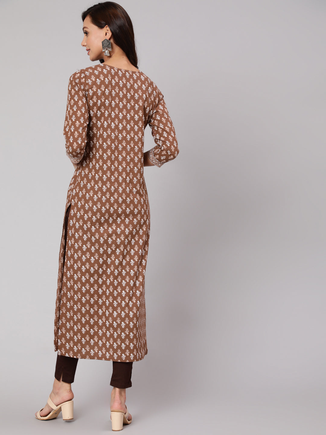 Women Brown Printed Straight Kurta With Three Quarter Sleeves | LASVINI - Redefining Indian Fashion with Elegance