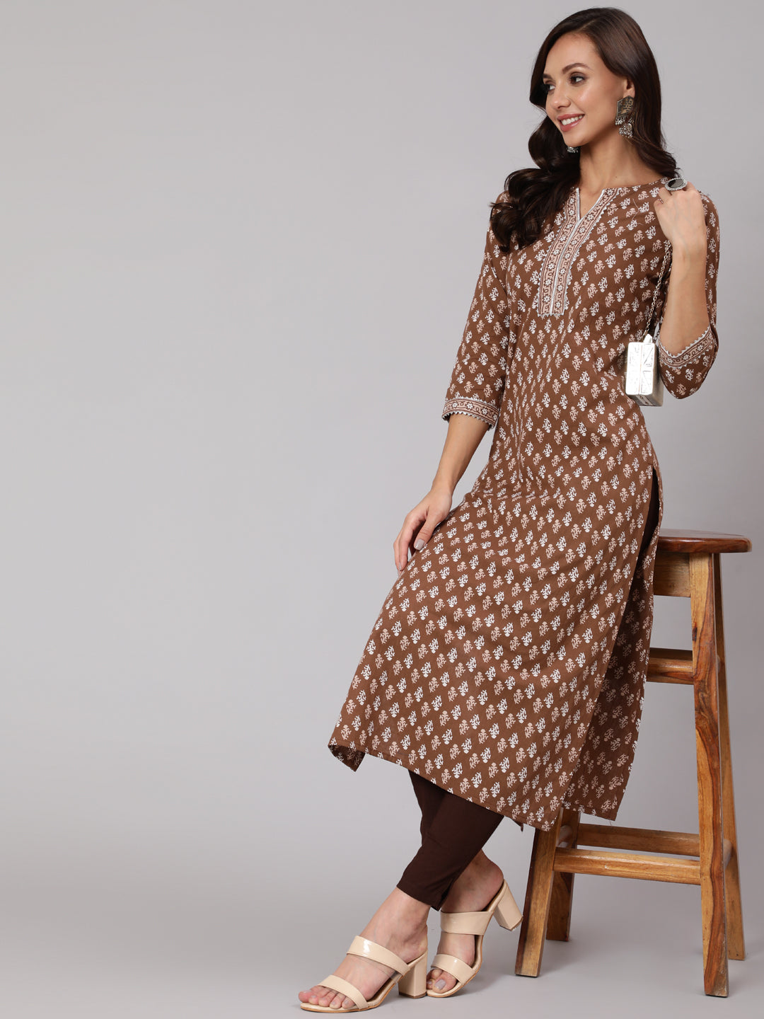 Women Brown Printed Straight Kurta With Three Quarter Sleeves | LASVINI - Redefining Indian Fashion with Elegance