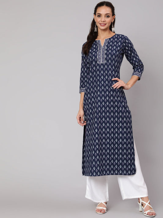 Women Blue Printed Straight Kurta With Three Quarter Sleeves | LASVINI - Redefining Indian Fashion with Elegance