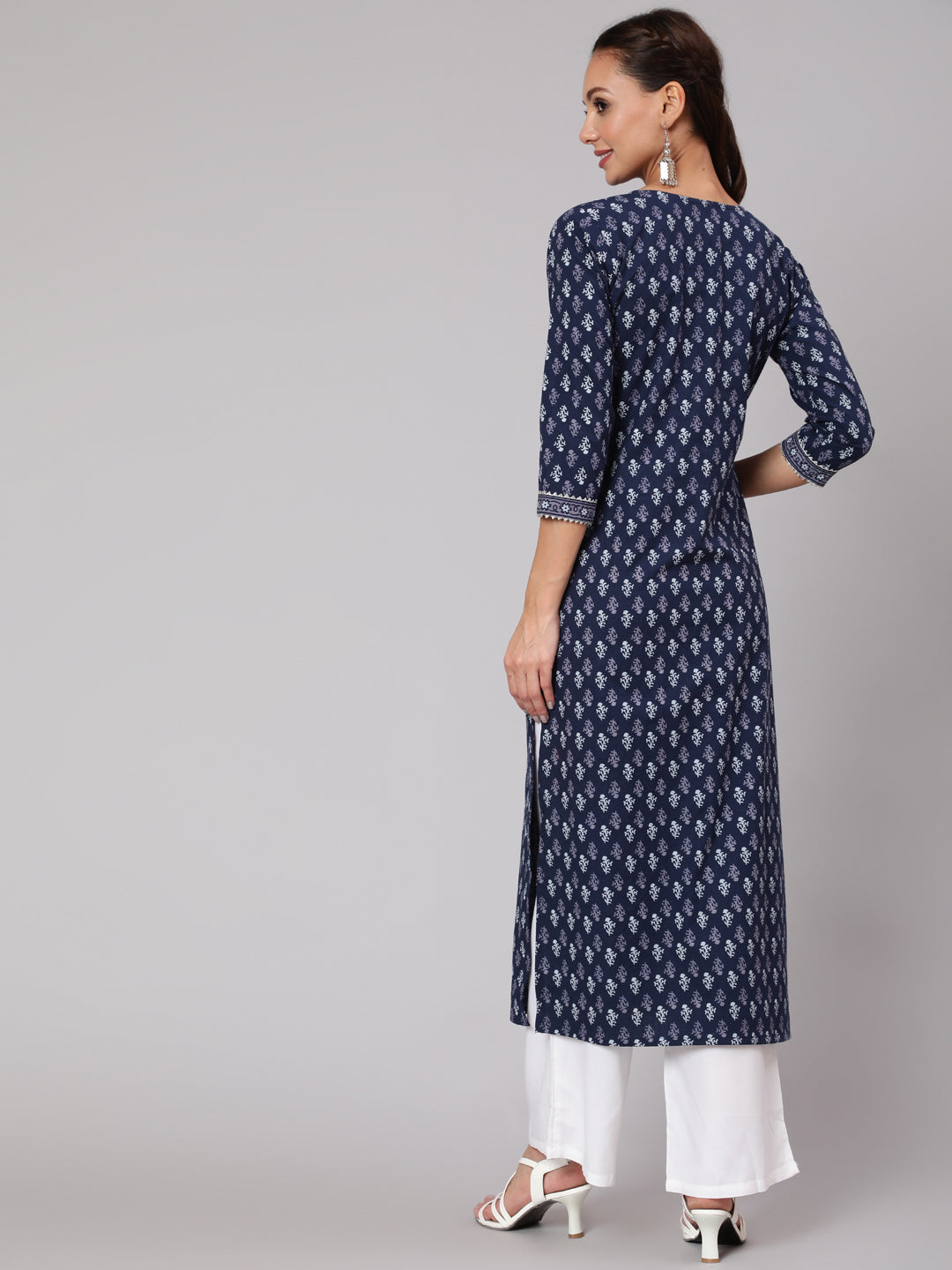 Women Blue Printed Straight Kurta With Three Quarter Sleeves | LASVINI - Redefining Indian Fashion with Elegance