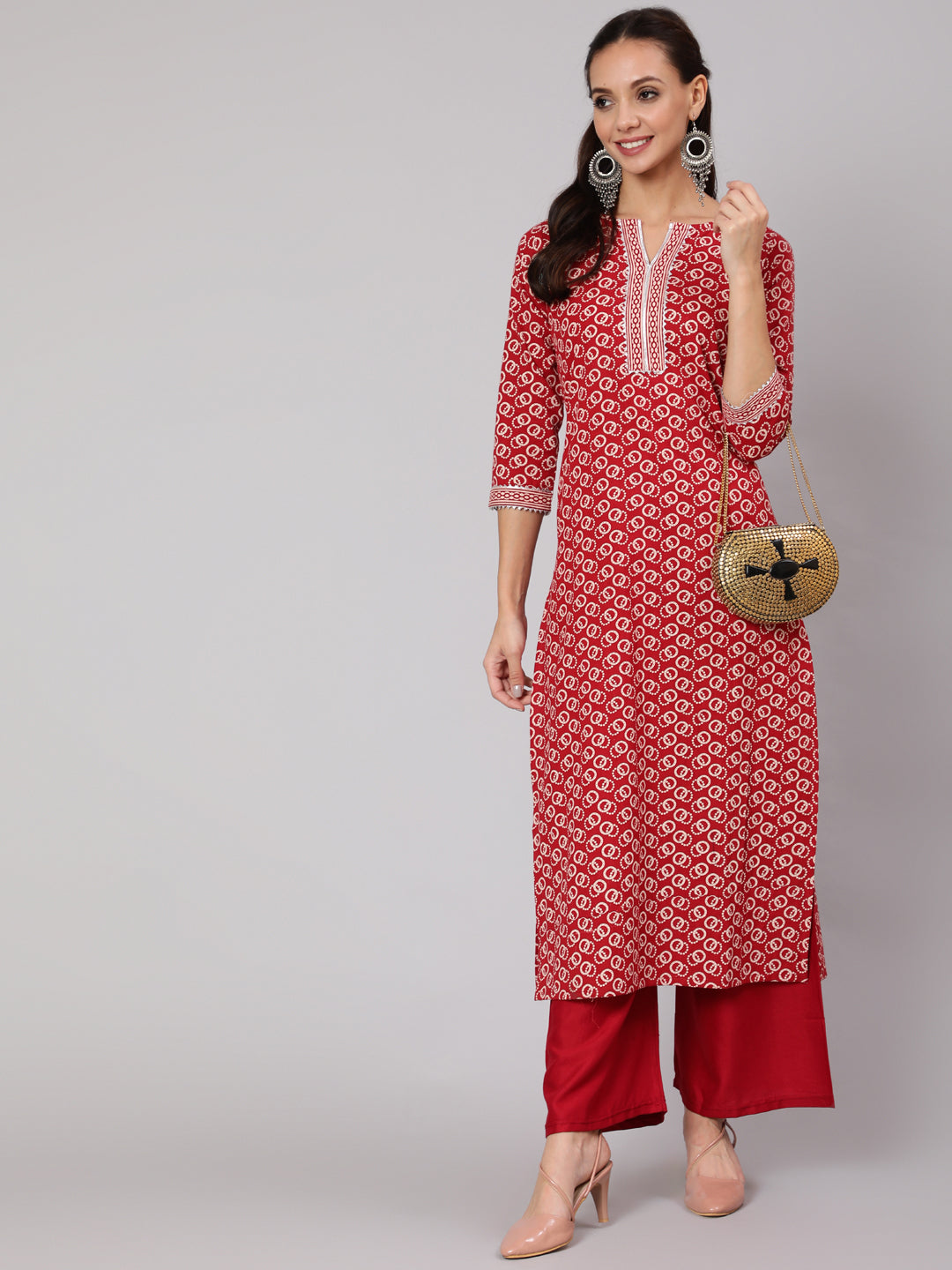 Women Red Geometric Printed Straight Kurta With Three Quarter Sleeves | LASVINI - Redefining Indian Fashion with Elegance