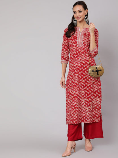Women Red Geometric Printed Straight Kurta With Three Quarter Sleeves | LASVINI - Redefining Indian Fashion with Elegance