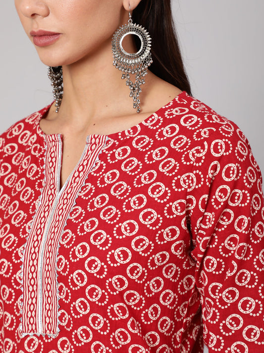 Women Red Geometric Printed Straight Kurta With Three Quarter Sleeves | LASVINI - Redefining Indian Fashion with Elegance