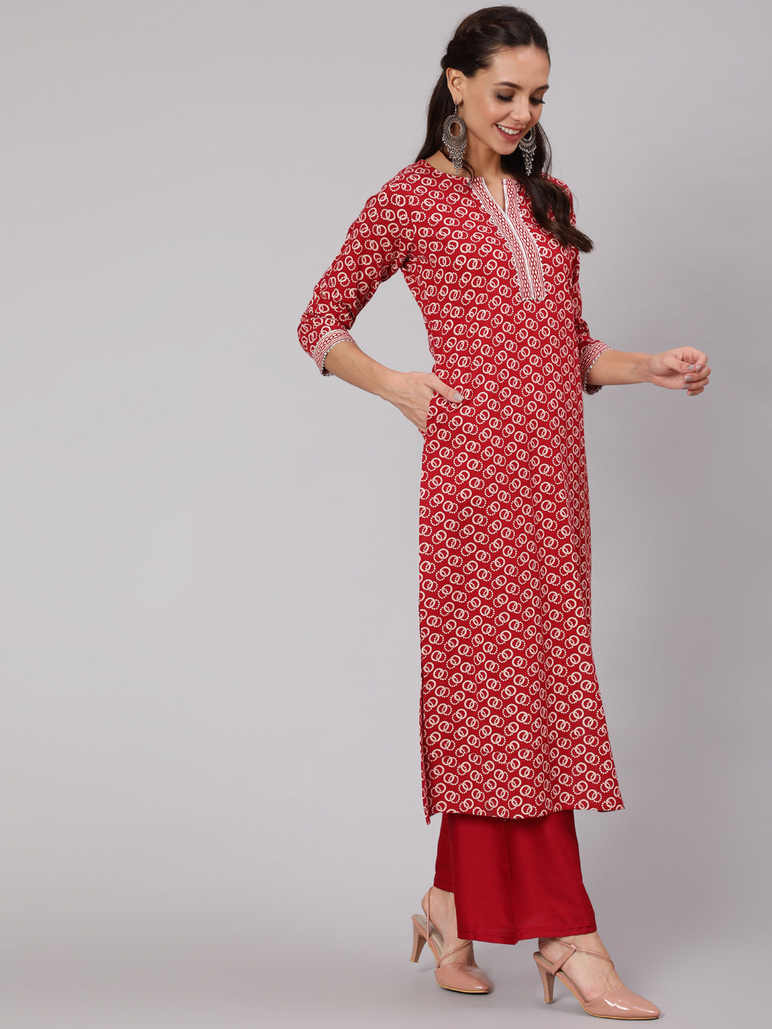 Women Red Geometric Printed Straight Kurta With Three Quarter Sleeves | LASVINI - Redefining Indian Fashion with Elegance