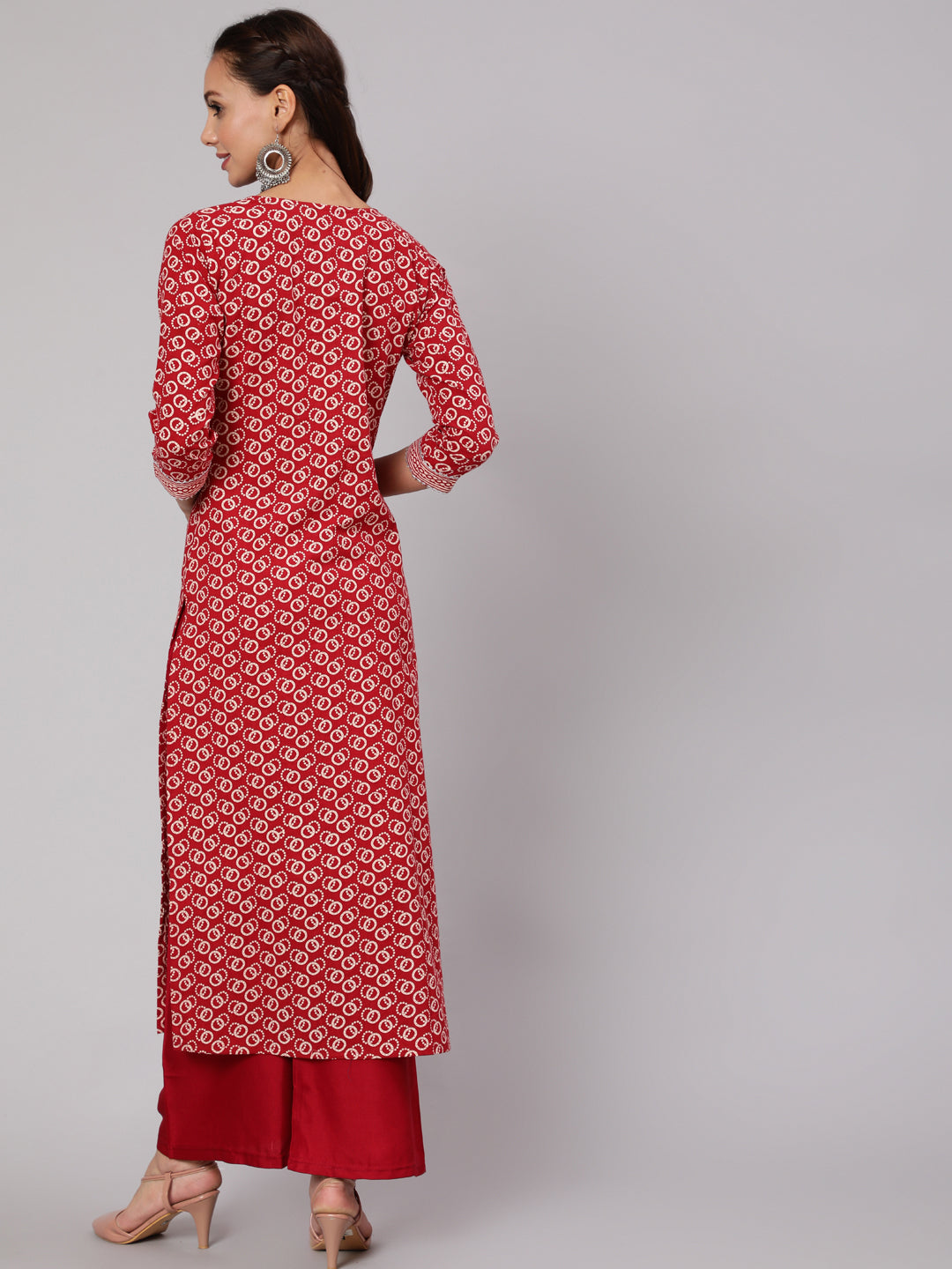 Women Red Geometric Printed Straight Kurta With Three Quarter Sleeves | LASVINI - Redefining Indian Fashion with Elegance