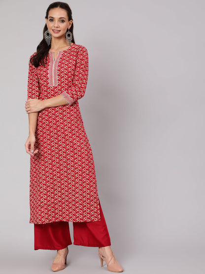 Women Red Geometric Printed Straight Kurta With Three Quarter Sleeves | LASVINI - Redefining Indian Fashion with Elegance