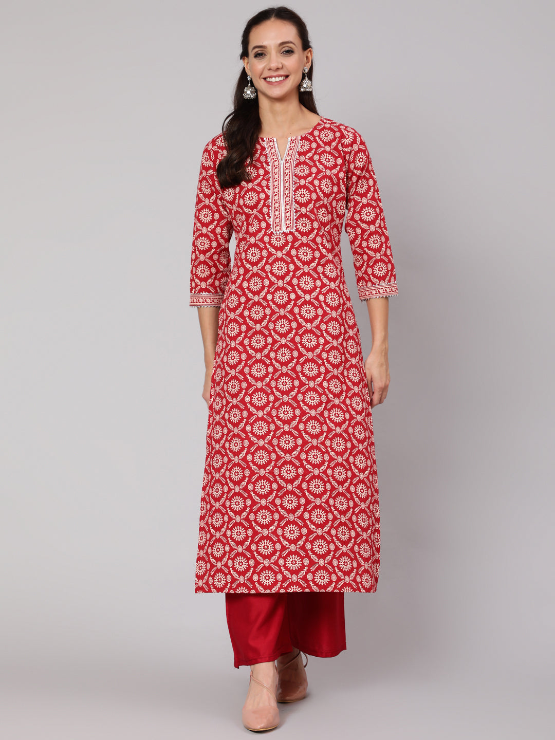 Women Red Ethnic Printed Straight Kurta With Three Quarter Sleeves | LASVINI - Redefining Indian Fashion with Elegance