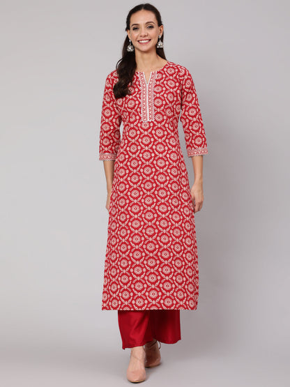 Women Red Ethnic Printed Straight Kurta With Three Quarter Sleeves | LASVINI - Redefining Indian Fashion with Elegance