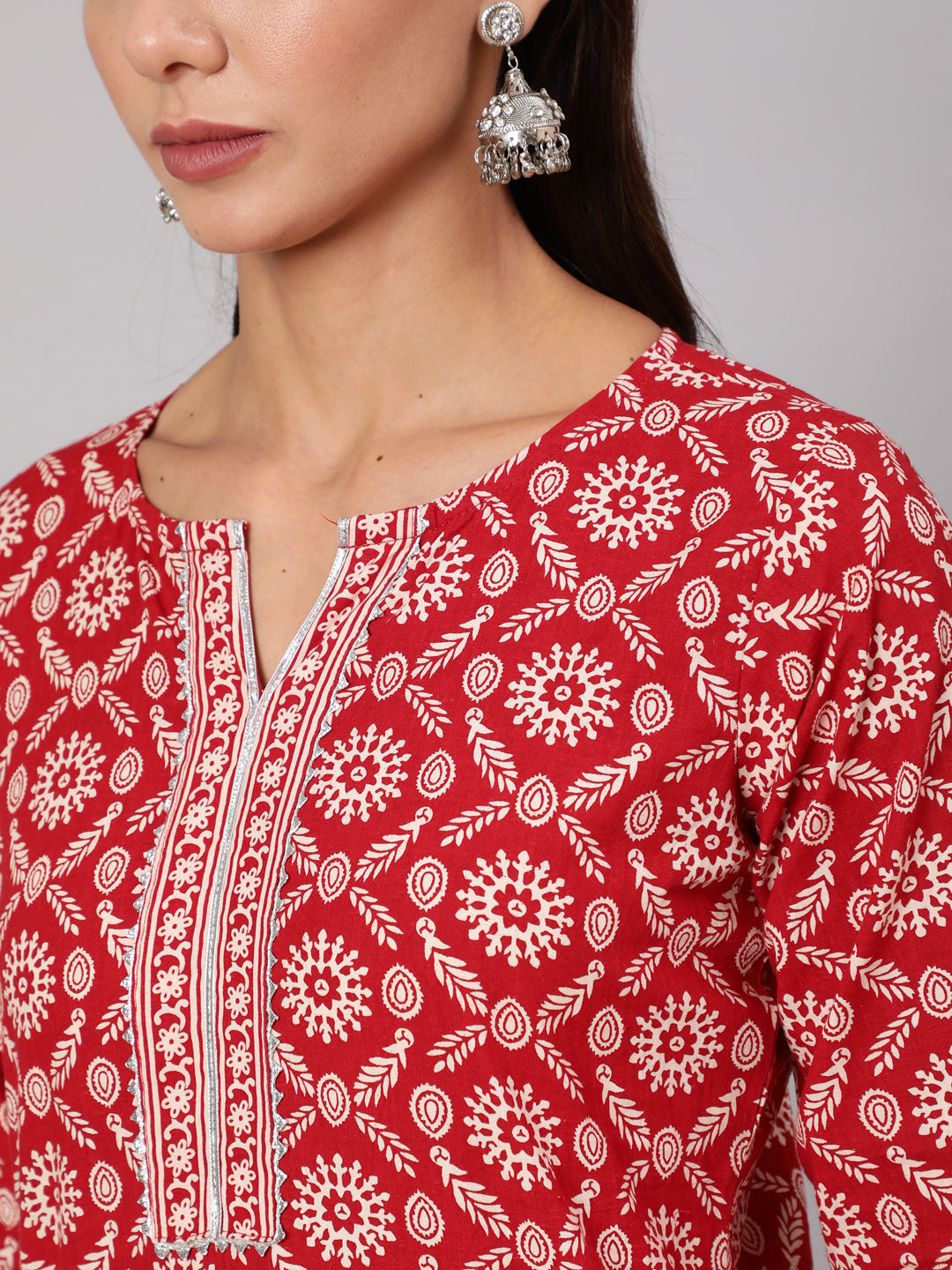 Women Red Ethnic Printed Straight Kurta With Three Quarter Sleeves | LASVINI - Redefining Indian Fashion with Elegance