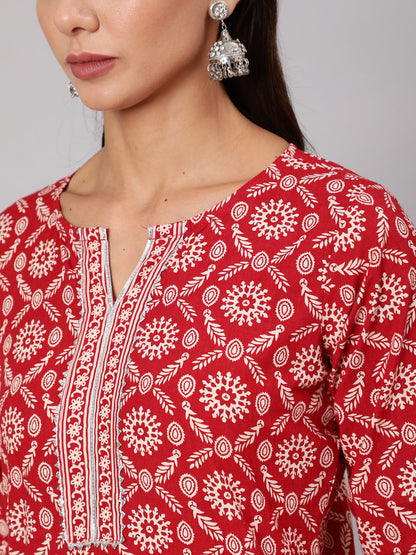 Women Red Ethnic Printed Straight Kurta With Three Quarter Sleeves | LASVINI - Redefining Indian Fashion with Elegance