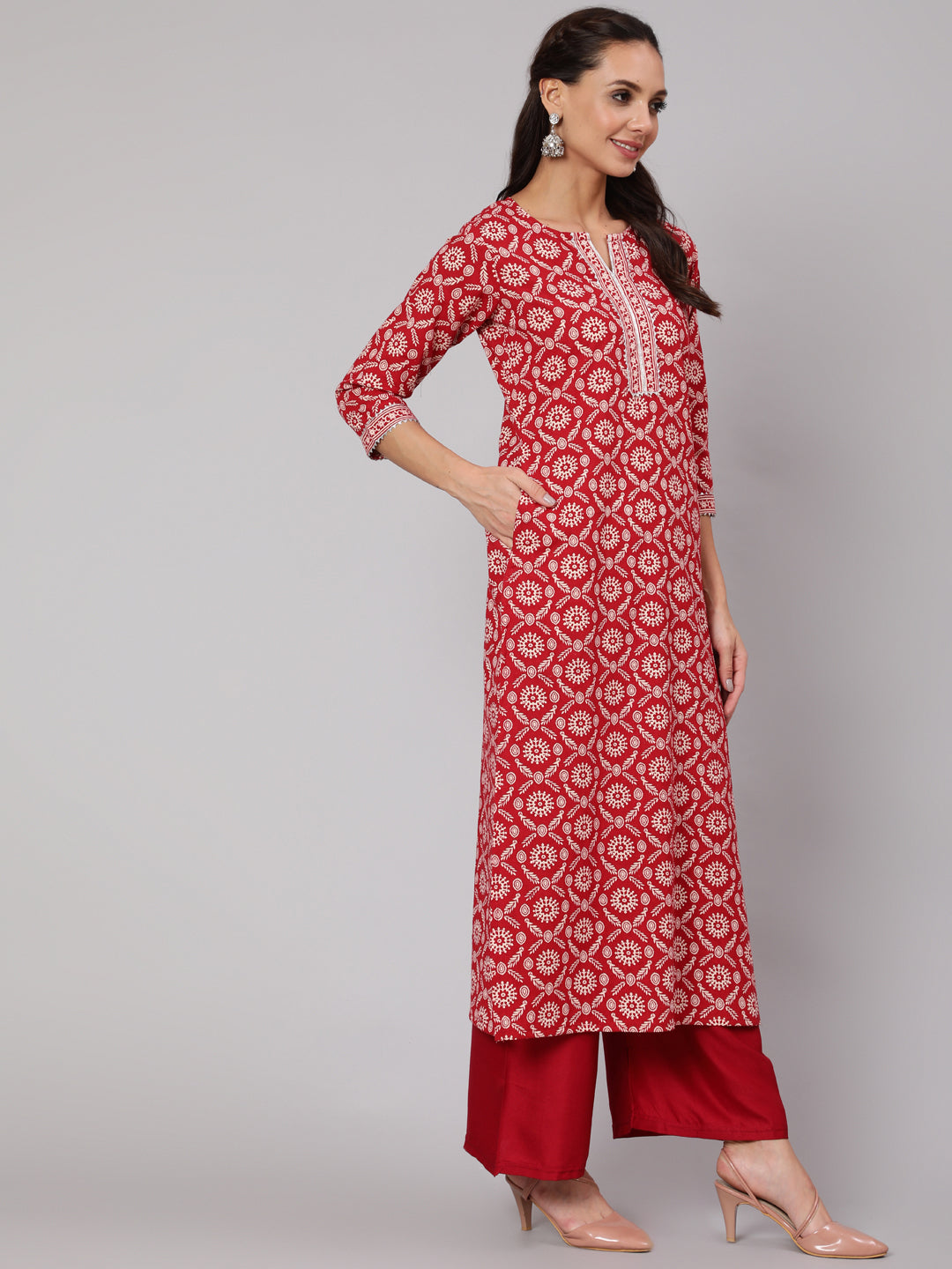 Women Red Ethnic Printed Straight Kurta With Three Quarter Sleeves | LASVINI - Redefining Indian Fashion with Elegance