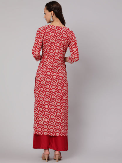 Women Red Ethnic Printed Straight Kurta With Three Quarter Sleeves | LASVINI - Redefining Indian Fashion with Elegance