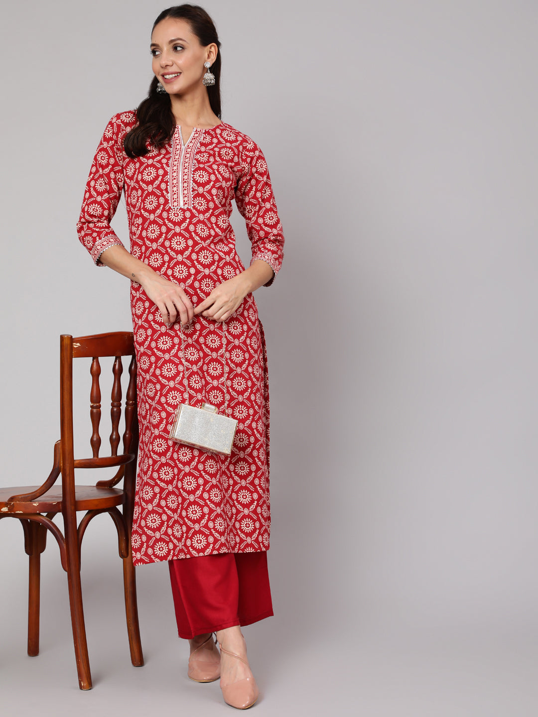 Women Red Ethnic Printed Straight Kurta With Three Quarter Sleeves | LASVINI - Redefining Indian Fashion with Elegance