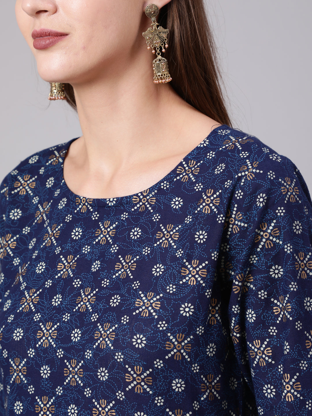 Women Blue & Gold Printed Dress With Three Quarter Sleeves | LASVINI - Redefining Indian Fashion with Elegance