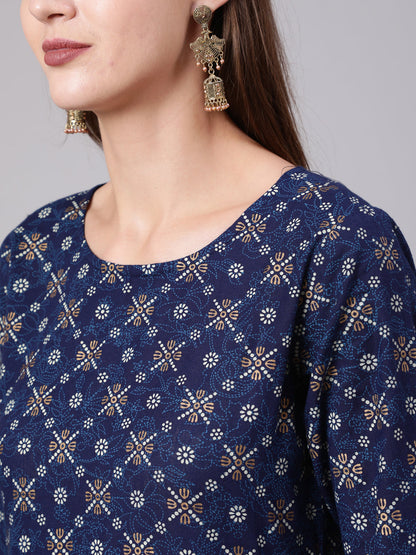 Women Blue & Gold Printed Dress With Three Quarter Sleeves | LASVINI - Redefining Indian Fashion with Elegance