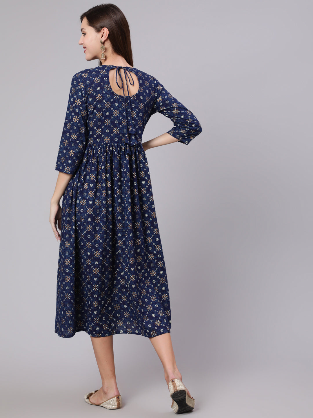 Women Blue & Gold Printed Dress With Three Quarter Sleeves | LASVINI - Redefining Indian Fashion with Elegance