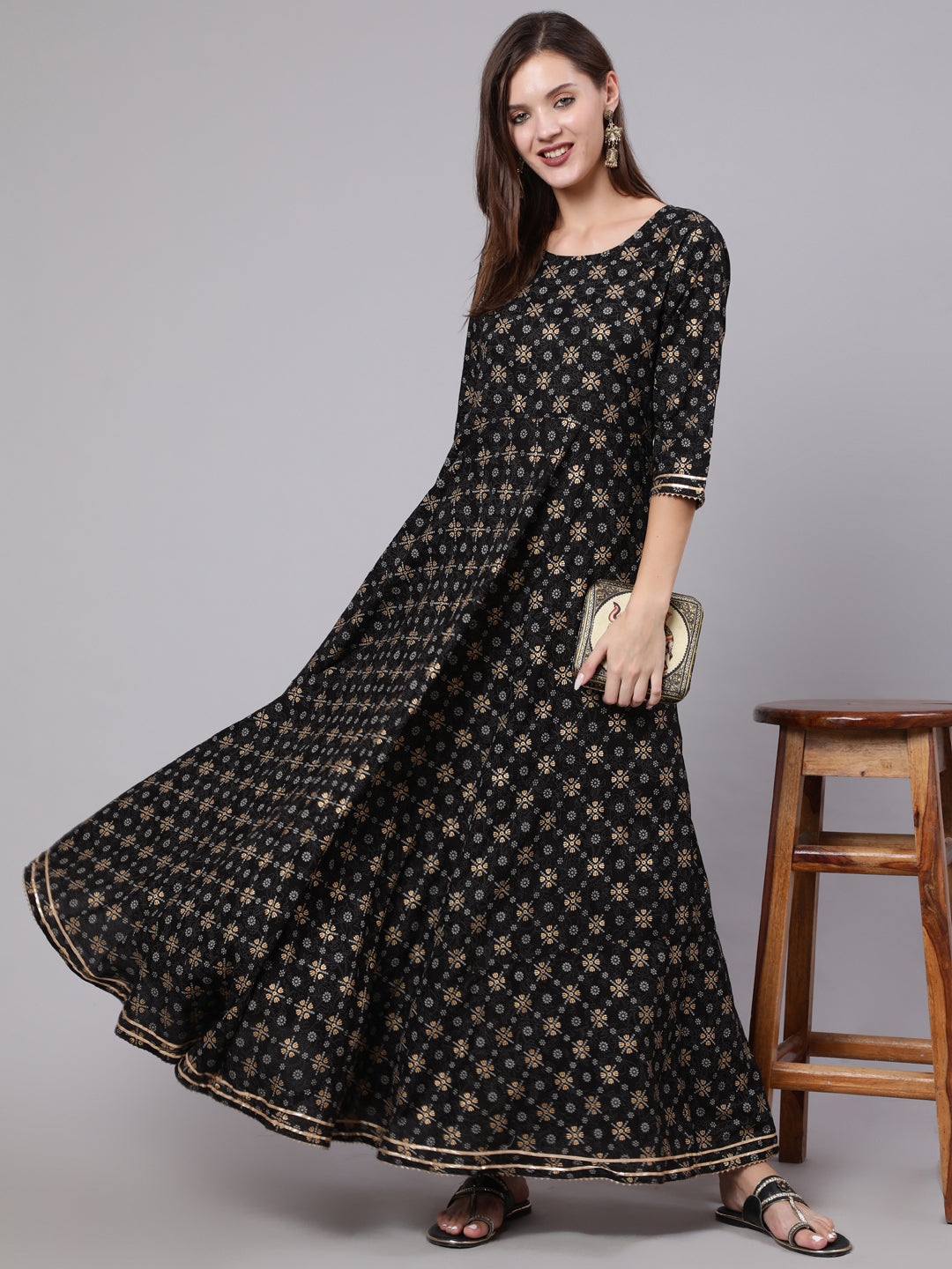 Women Black Printed Ethnic Dress With Gotta Details | LASVINI - Redefining Indian Fashion with Elegance