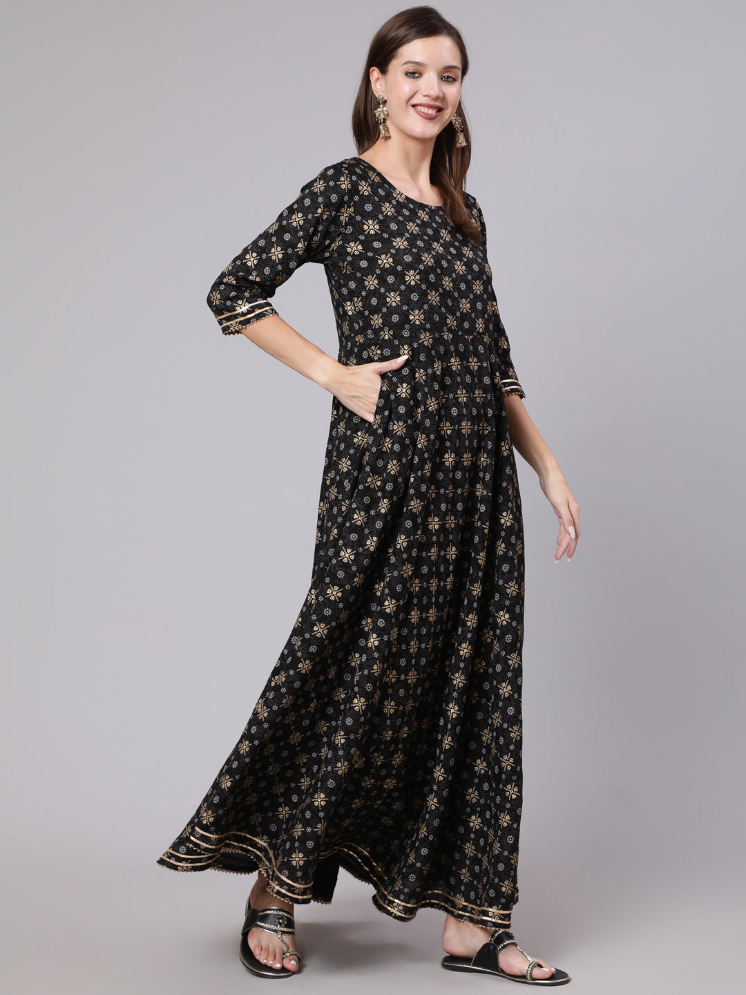 Women Black Printed Ethnic Dress With Gotta Details | LASVINI - Redefining Indian Fashion with Elegance