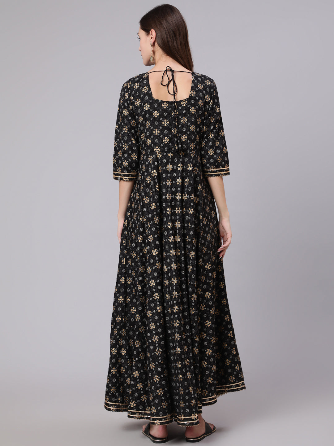 Women Black Printed Ethnic Dress With Gotta Details | LASVINI - Redefining Indian Fashion with Elegance