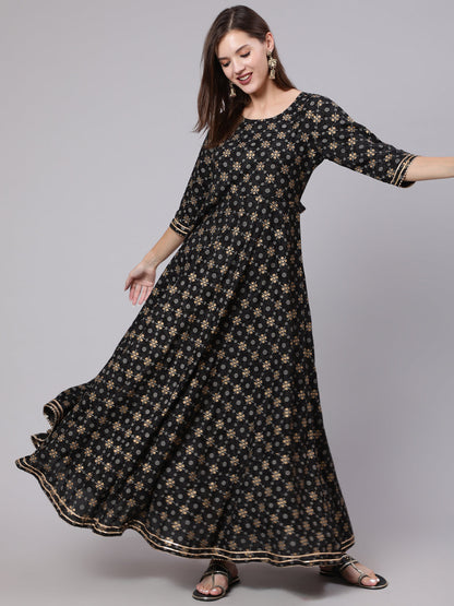 Women Black Printed Ethnic Dress With Gotta Details | LASVINI - Redefining Indian Fashion with Elegance