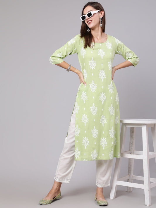 Women Green Printed Straight Kurta With Three Quarter Sleeves | LASVINI - Redefining Indian Fashion with Elegance