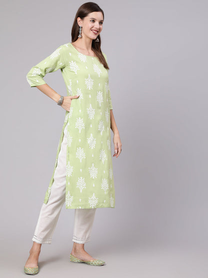 Women Green Printed Straight Kurta With Three Quarter Sleeves | LASVINI - Redefining Indian Fashion with Elegance