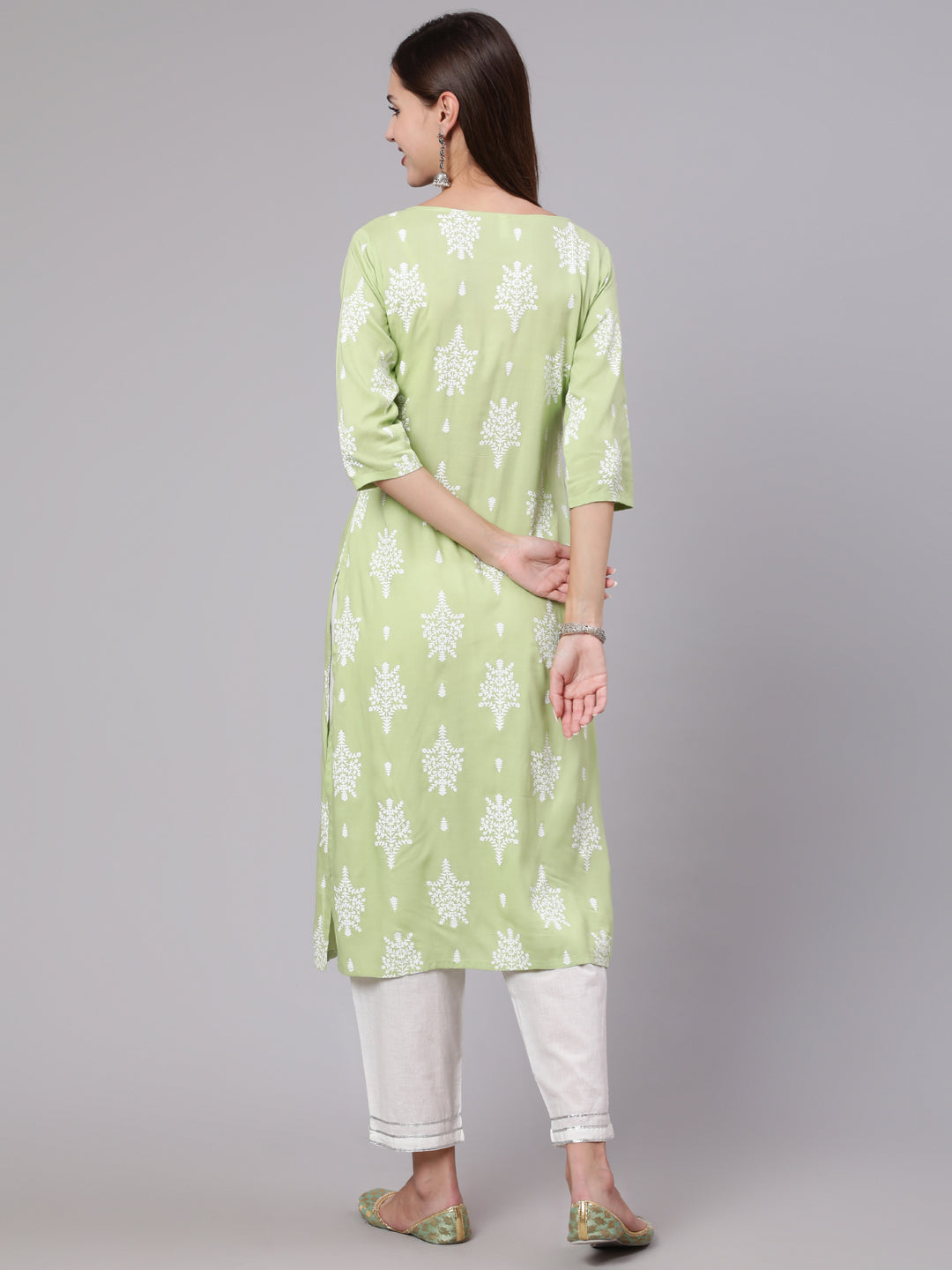 Women Green Printed Straight Kurta With Three Quarter Sleeves | LASVINI - Redefining Indian Fashion with Elegance