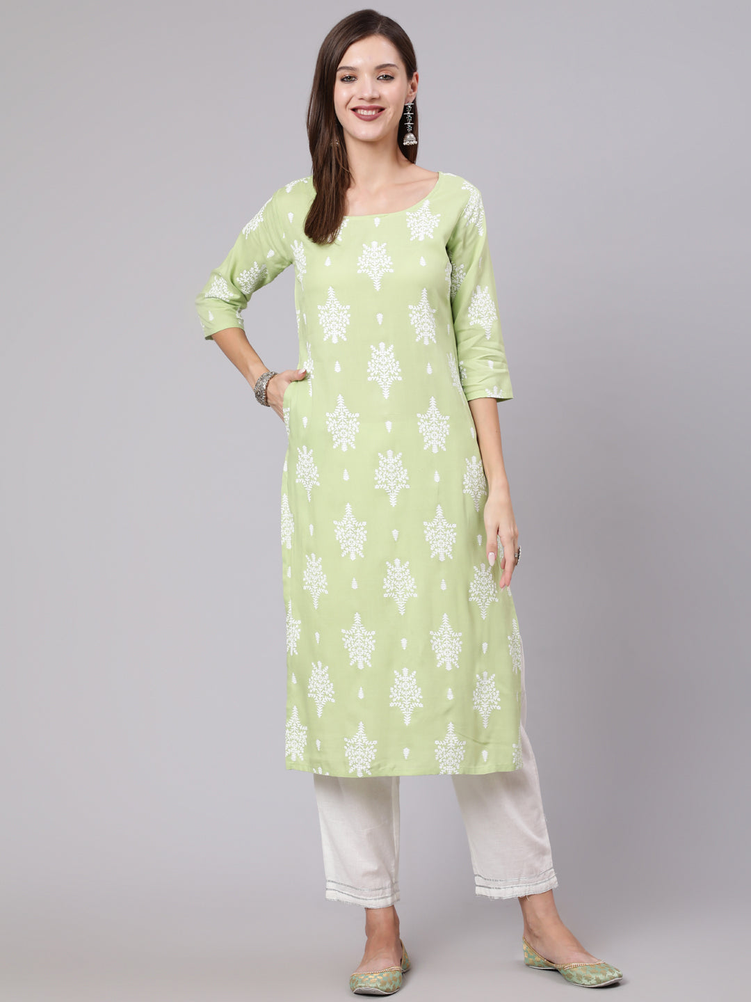 Women Green Printed Straight Kurta With Three Quarter Sleeves | LASVINI - Redefining Indian Fashion with Elegance