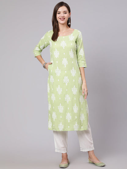 Women Green Printed Straight Kurta With Three Quarter Sleeves | LASVINI - Redefining Indian Fashion with Elegance