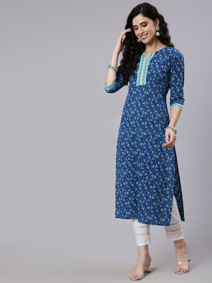 Women Blue Printed Straight Kurta With Three Quarter Sleeves | LASVINI - Redefining Indian Fashion with Elegance