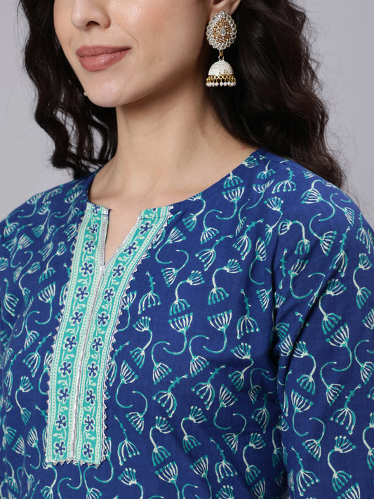 Women Blue Printed Straight Kurta With Three Quarter Sleeves | LASVINI - Redefining Indian Fashion with Elegance