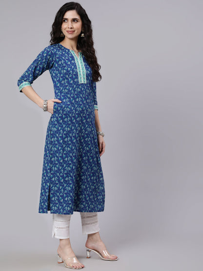 Women Blue Printed Straight Kurta With Three Quarter Sleeves | LASVINI - Redefining Indian Fashion with Elegance