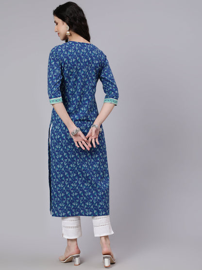 Women Blue Printed Straight Kurta With Three Quarter Sleeves | LASVINI - Redefining Indian Fashion with Elegance