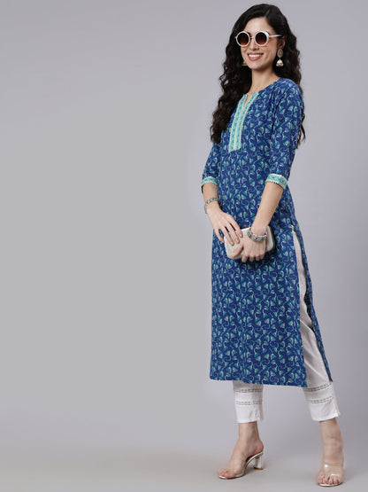 Women Blue Printed Straight Kurta With Three Quarter Sleeves | LASVINI - Redefining Indian Fashion with Elegance