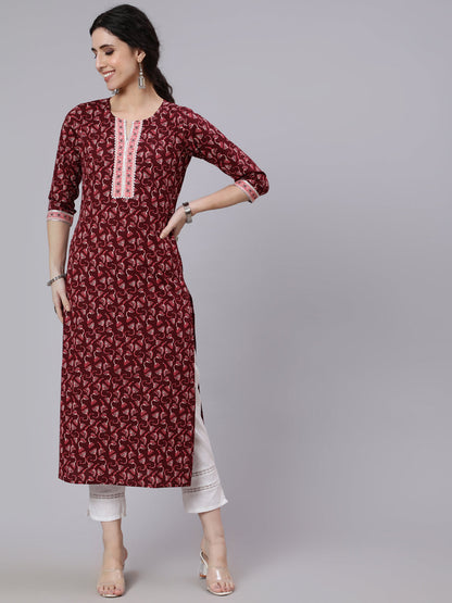 Women Burgundy Printed Straight Kurta With Three Quarter Sleeves | LASVINI - Redefining Indian Fashion with Elegance