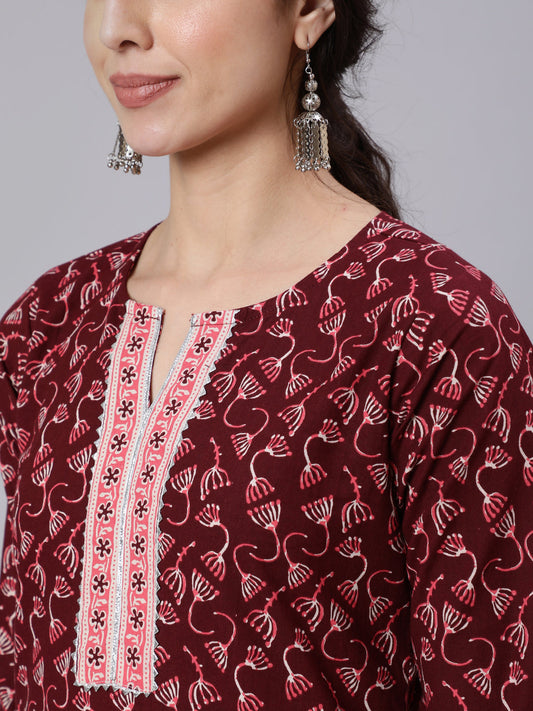 Women Burgundy Printed Straight Kurta With Three Quarter Sleeves | LASVINI - Redefining Indian Fashion with Elegance