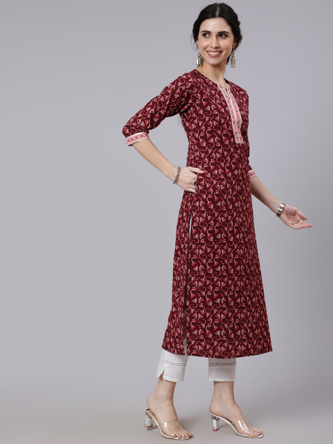 Women Burgundy Printed Straight Kurta With Three Quarter Sleeves | LASVINI - Redefining Indian Fashion with Elegance