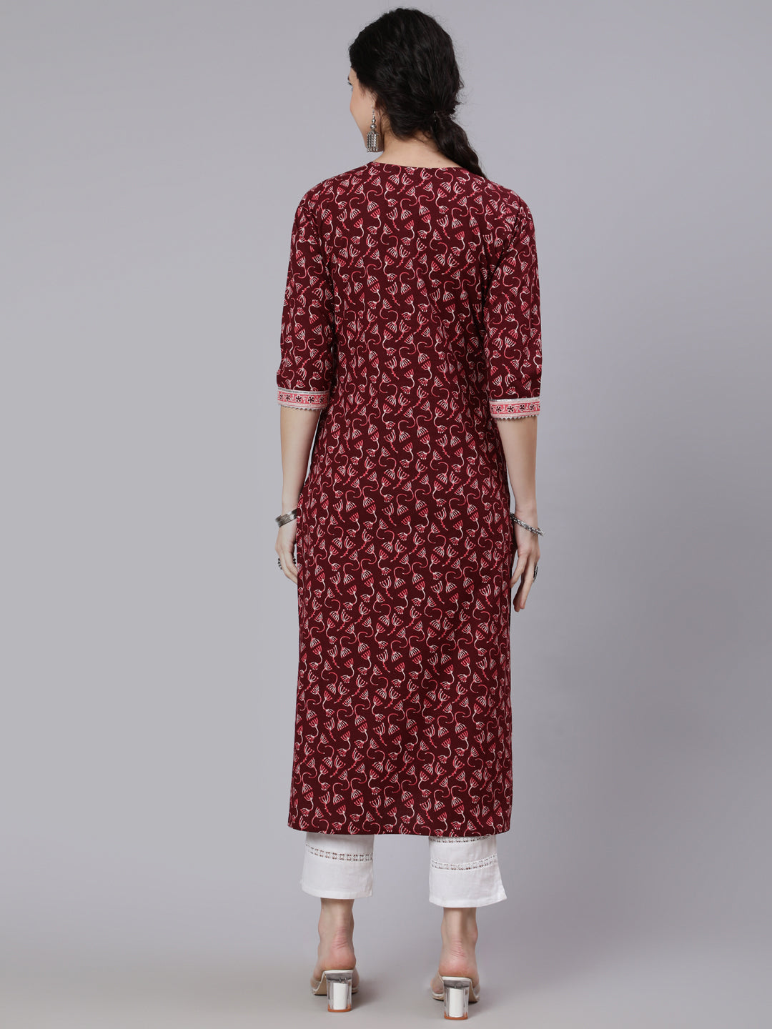 Women Burgundy Printed Straight Kurta With Three Quarter Sleeves | LASVINI - Redefining Indian Fashion with Elegance