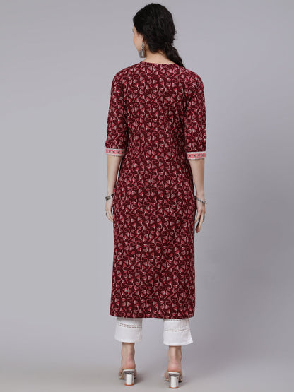 Women Burgundy Printed Straight Kurta With Three Quarter Sleeves | LASVINI - Redefining Indian Fashion with Elegance