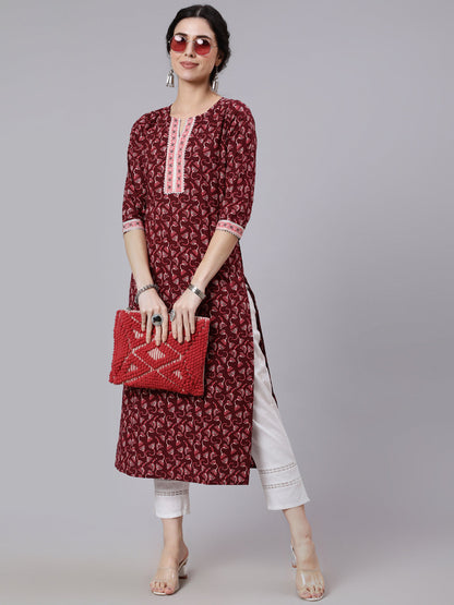 Women Burgundy Printed Straight Kurta With Three Quarter Sleeves | LASVINI - Redefining Indian Fashion with Elegance