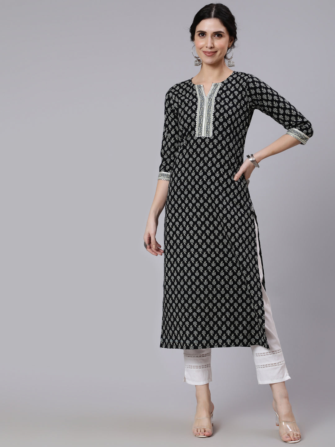 Women Black Printed Straight Kurta With Three Quarter Sleeves | LASVINI - Redefining Indian Fashion with Elegance